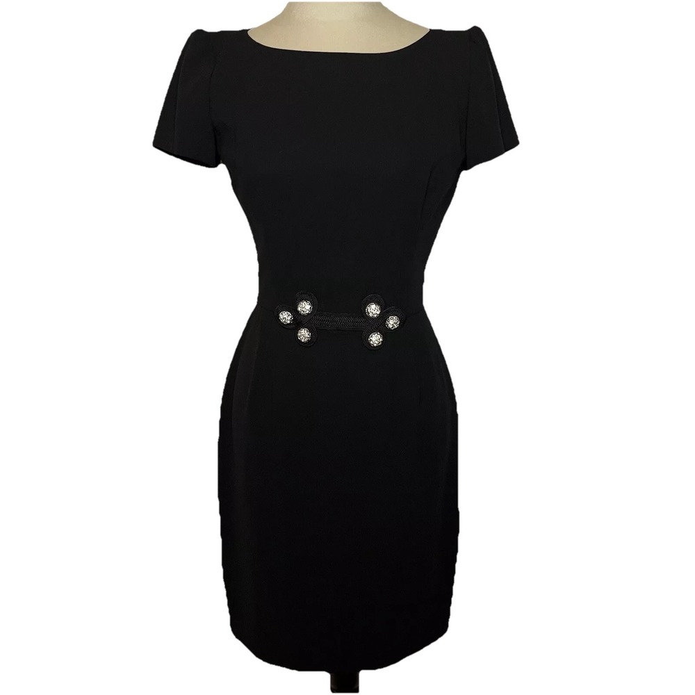 Vintage Francais Huey Waltzer Black Sheath Dress 4 Rhinestone Cocktail Elegant
